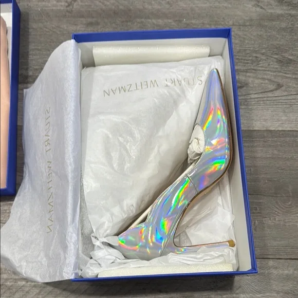 Stuart Weitzman Silver Scalloped Iridescent Patent Heels